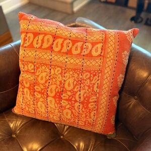 NWT Vintage One Of A Kind Sari Kantha Pillow-22in Orange/Cream Paisley